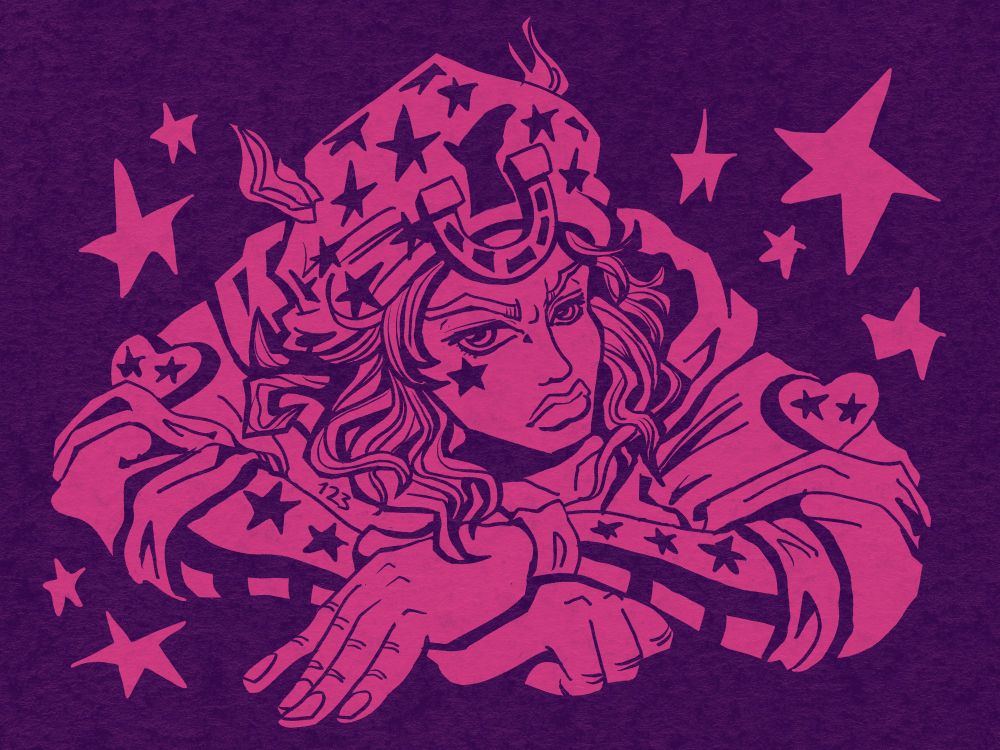 A pink and purple contrast image of Johnny Joestar. He is laying down as if crawling with his arms crossed in front of him as he pouts at the viewer. There is a star under one of his eyes as well as stars surrounding his figure.
