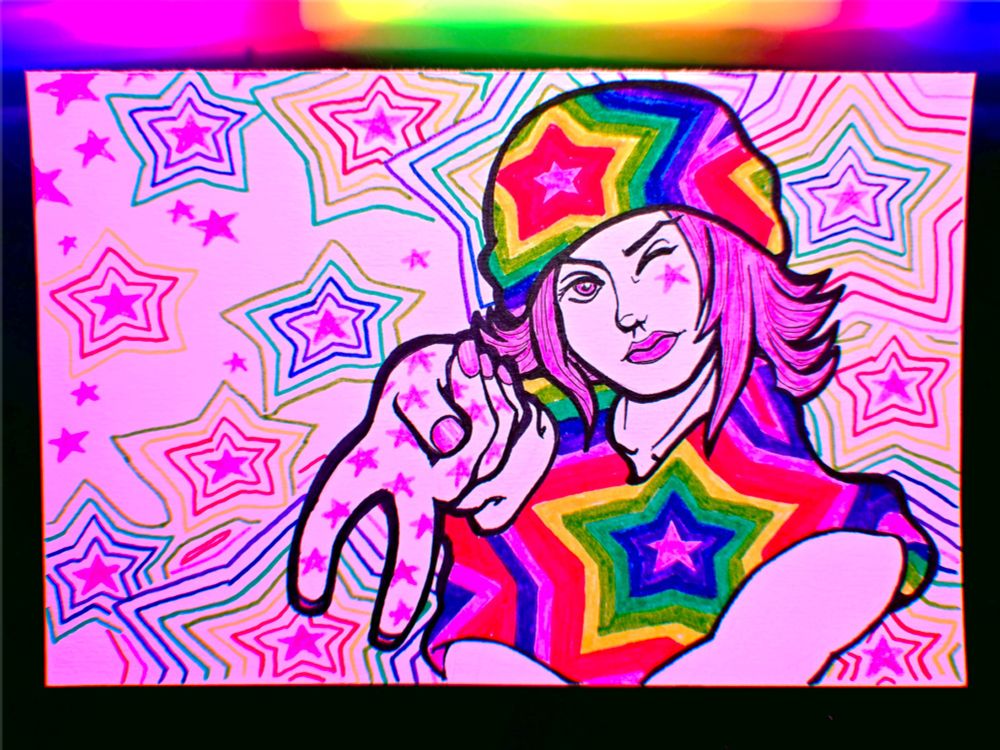 A marker drawing of Johnny Joestar in a rainbow color palette with zentangle stars in rainbow colors scattered in the background. He is flashing an upside down peace sign and winking at the viewer.