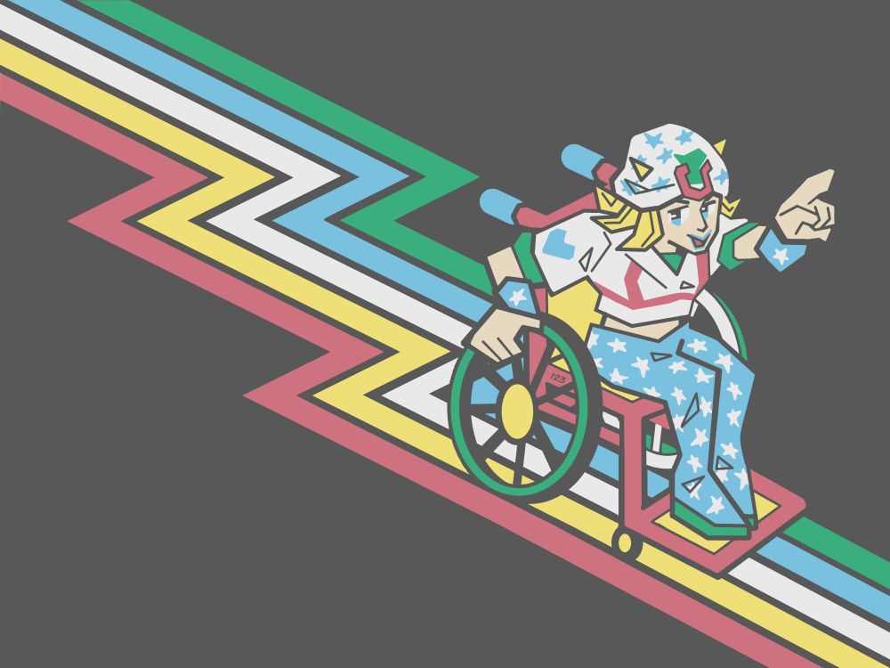 Johnny Joestar propelling his wheelchair as the path he travels on creates the colors and stripes featured on the Disability Pride flag.