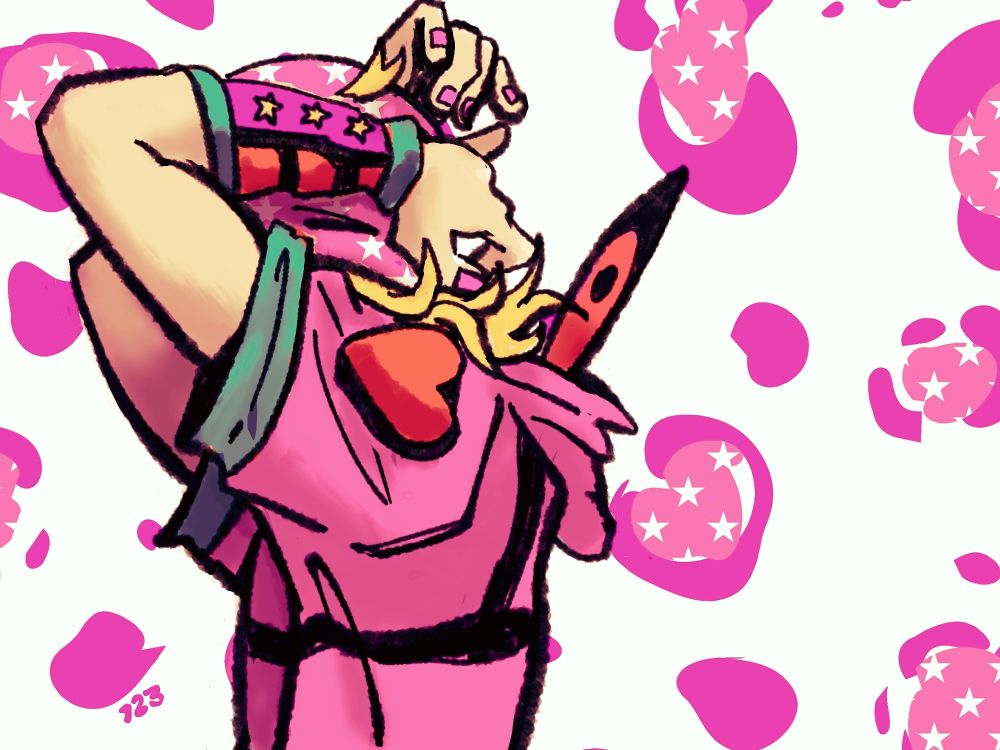 A drawing of Johnny Joestar, his face obscured by his own arms as he adjusts his beanie. 