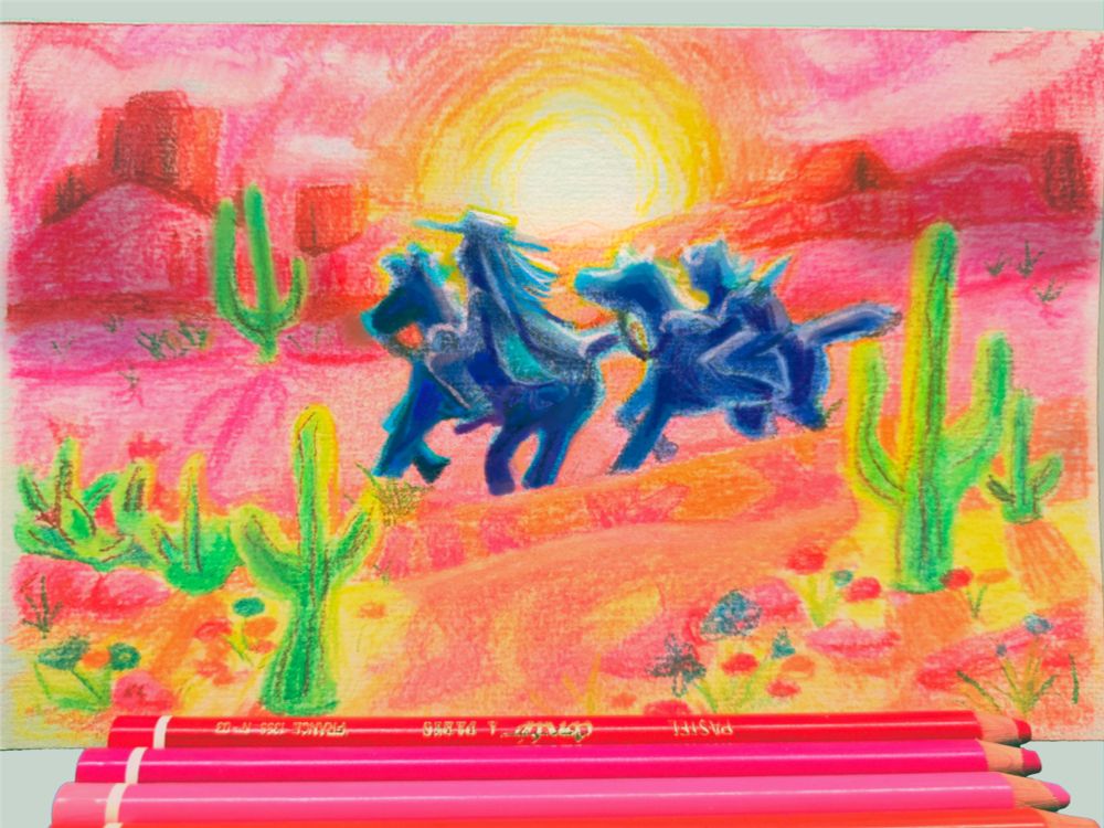 A vibrant landscape drawing done in pastel pencils that features flowers, cacti, and small patches of grass towards the foreground, while the background has dunes of sand and cliffs. In the center of the image is a beautiful sunset, and right in between the sunset are the silhouettes of Gyro and Johnny racing on horseback.