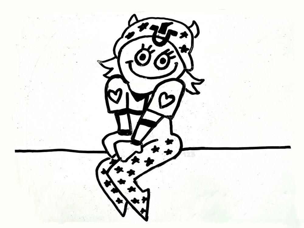 A simple black and white doodle of Johnny Joestar sitting down. He is posing coyly with a huge smile and fluttering eyelashes adorning his face. 