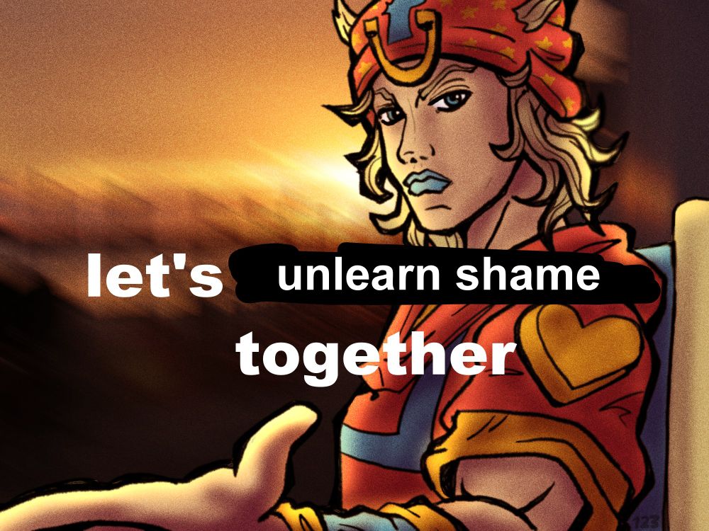 A drawing of Johnny Joestar sitting in a wheelchair at sunset as he reaches his hand out to the viewer. The caption reads "let's unlearn shame together"