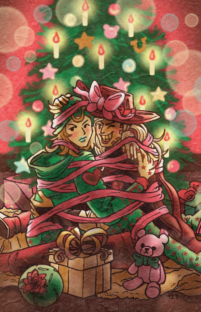 A photo taken at Christmas time n front of a Christmas tree with glistening candles. There are a few wrapped presents scattered about, but the most noticeable one is Johnny Joestar and Gyro Zeppeli wrapped up while hugging each other.