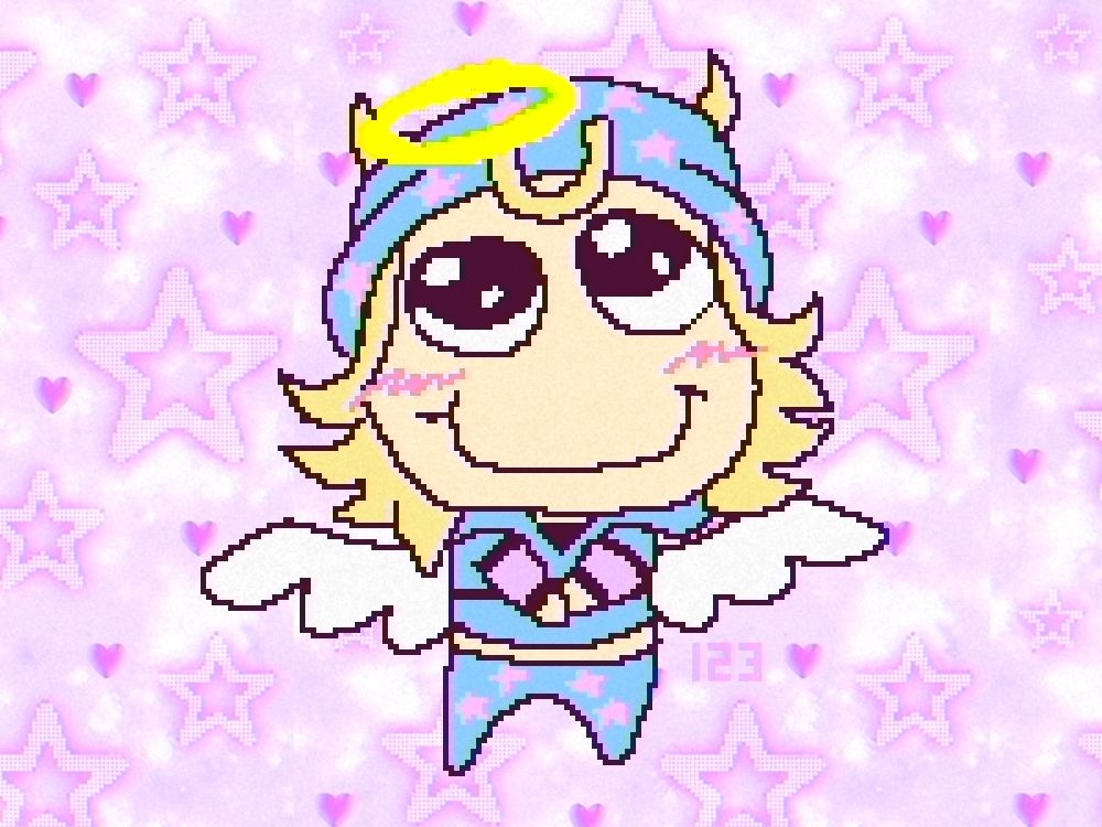 A cutesy and crudely drawn chibi pixel drawing of Johnny Joestar as a pleading eyed angel with a wide smile. The background is a pattern of various stars. 