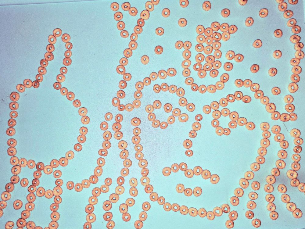 Plain Cheerios cereal bits arranged to look like Johnny Joestar with a peeved expression as he's flipping off someone.