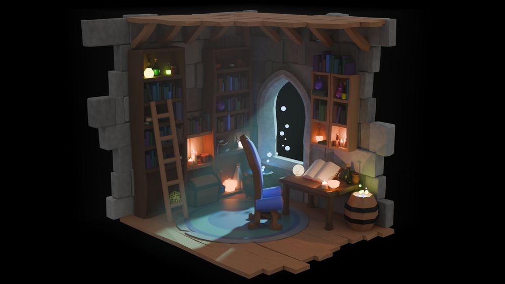 A wizards workshop with many glowing potions and the moonlight coming in through and open window.