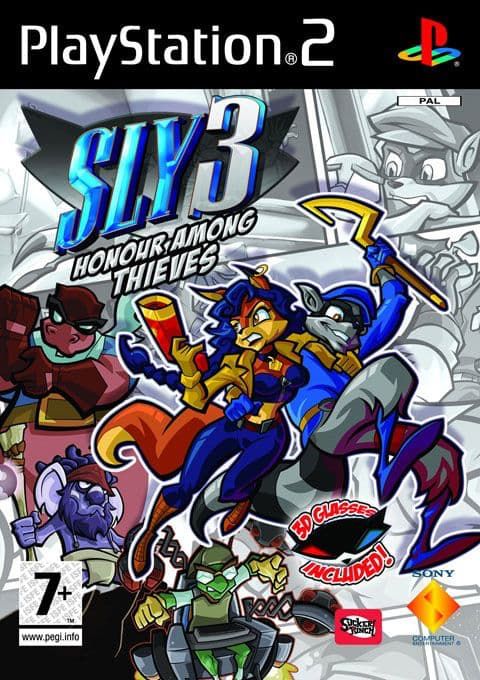 The box art for Sly 3: Honour Among Thieves. In the middle of the box are Sly Cooper, an anthropomorphic raccoon dressed in blue and holding his signature cane, as well as Carmelita Fox, also wearing blue and holding a shock gun. They’re each holding one arm around the other while seemingly being mid-fall. They look in opposite directions, Sly with a smug grin and Carmelita with an angry expression. Behind them are several other characters from the game, including Bentley, a green turtle in a wheelchair equipped with bombs, Murray, a pink hippo in a wrestling outfit, and the Guru, a purple koala with a staff. Behind them are various black and white pictures of them in the style of a comic book page. The game logo is in the top left, and the PlayStation 2 logo is at the very top.