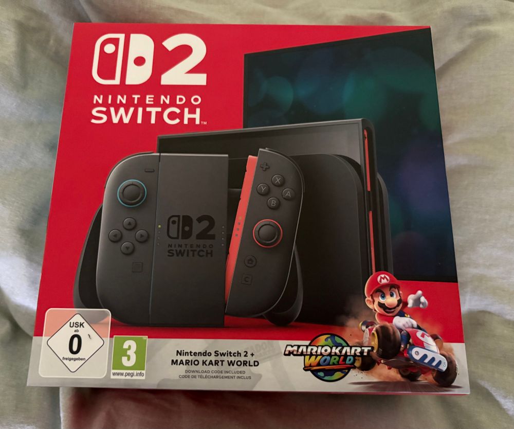 Nintendo Switch 2 box with Mario Kart World included.