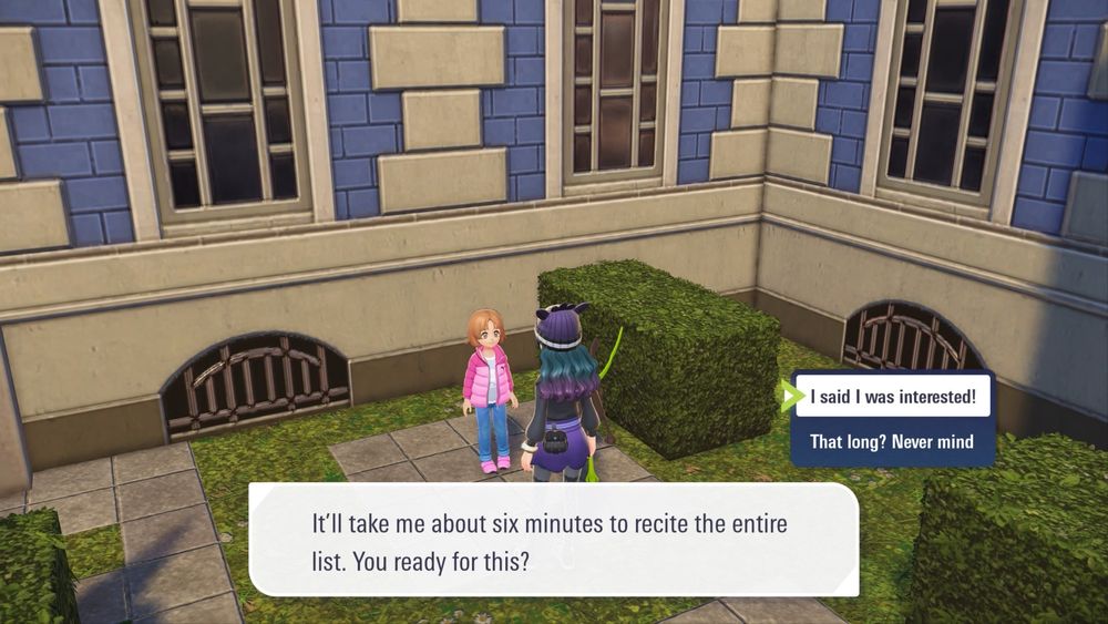 A screenshot from Pokémon Legends: Z-A. A child is saying «It’ll take me about six minutes to recite the entire list. You ready for this?»
