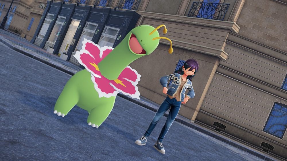A screenshot from Pokémon Legends: Z-A. My character, a girl with violet and teal hair, is standing next to her partner Pokémon, Meganium. They’re both facing the camera smiling.