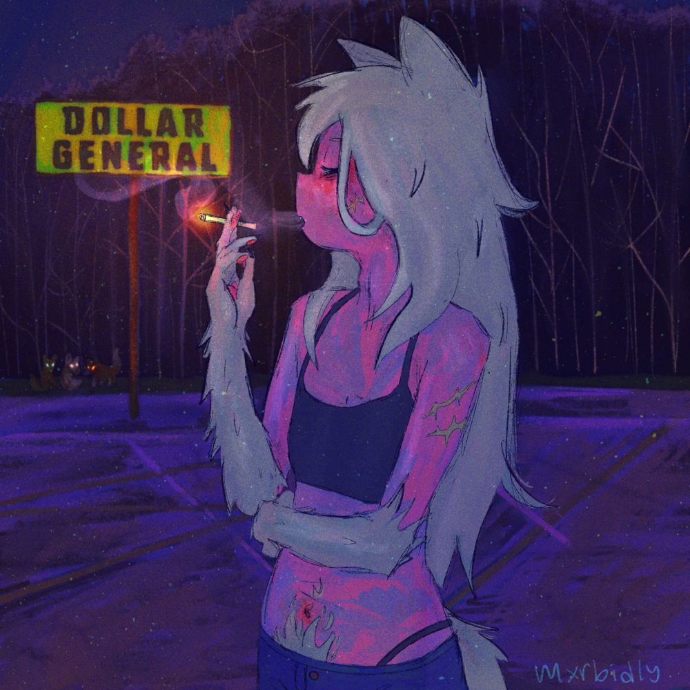 a young woman with a white tail, long hair and fur going up her arms from her hands is smoking in a dollar general parking lot. behind her is a forest and a bright dollar general sign. three canines look at her from behind the sign with their glowing eyes.