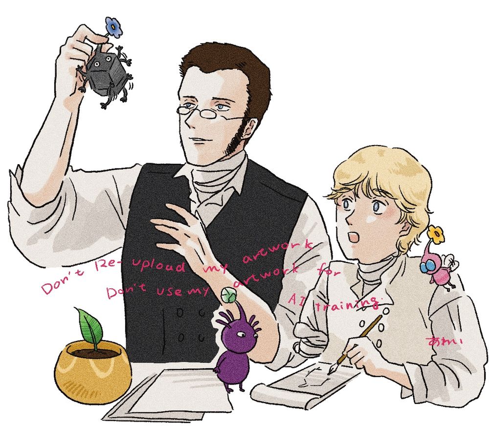 岩ピクミンをつまみ上げて観察するマチュリン医師とブレイクニー士官候補生、ブレイクニーの絵を覗きこむ羽ピクミンと紫ピクミンの二次創作絵