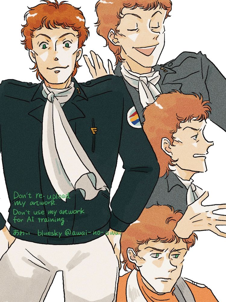 銀英伝OVA ポプランの二次創作絵、上半身像と表情の習作（得意げな表情、納得していない表情、沈んだ表情）
