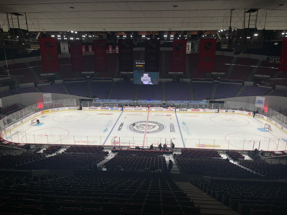 A quiet Veterans Memorial Coliseum from the very top row