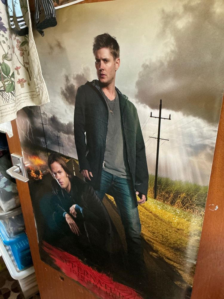 An angled photo of a poster of the TV series Supernatural, featuring the characters of Sam and Dean Winchester on a road surrounded by fields