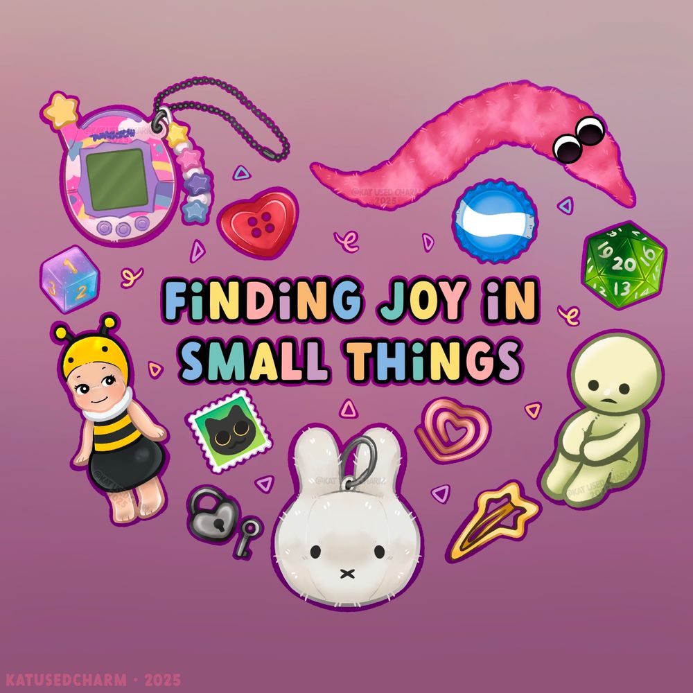 Finding Joy In Small Things, various little trinkets and treasures on a pink background. 