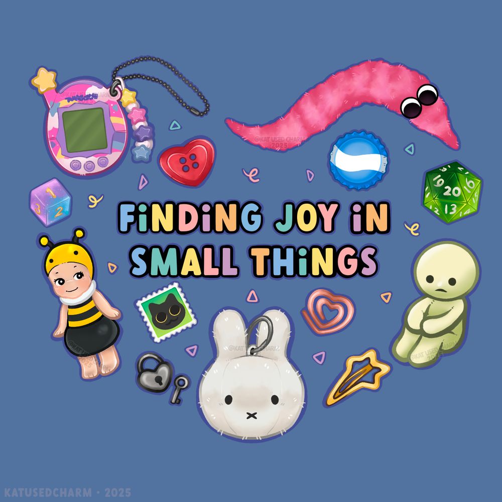 Finding Joy In Small Things, various little trinkets and treasures on a blue background. 