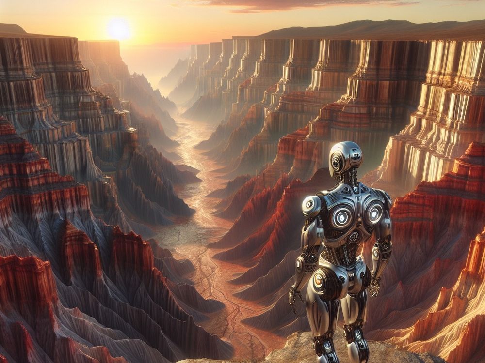 Robot staring across a vast canyon, with great anticipation of what lies ahead.