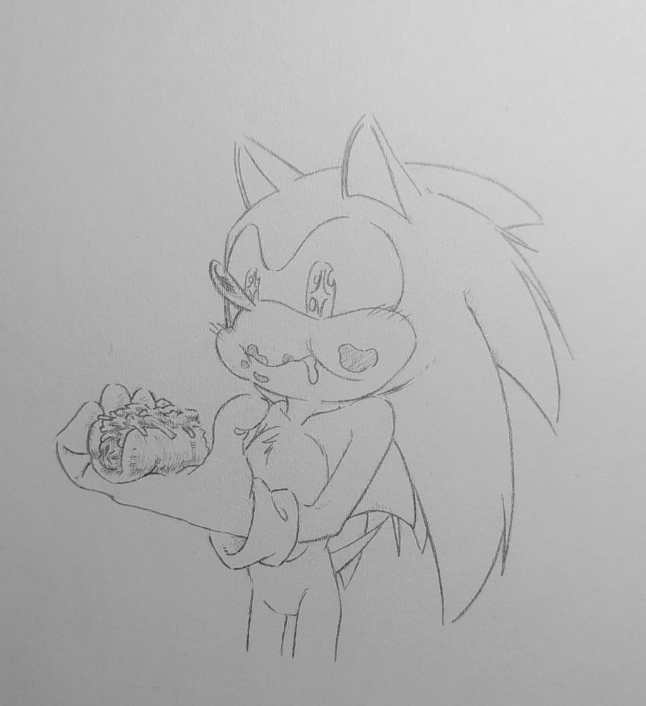 A drawing of Sonic eating a chili dog.
He is holding one half of it in his hand, his cheek full of the other half. He is salivating and looking down at the chili dog with a giddy smile and bright, shiny eyes.

Guess it must be really tasty.