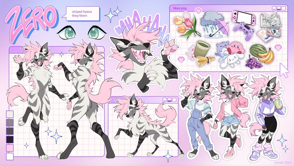 A black, grey, and pink anthropomorphic striped hyena. 