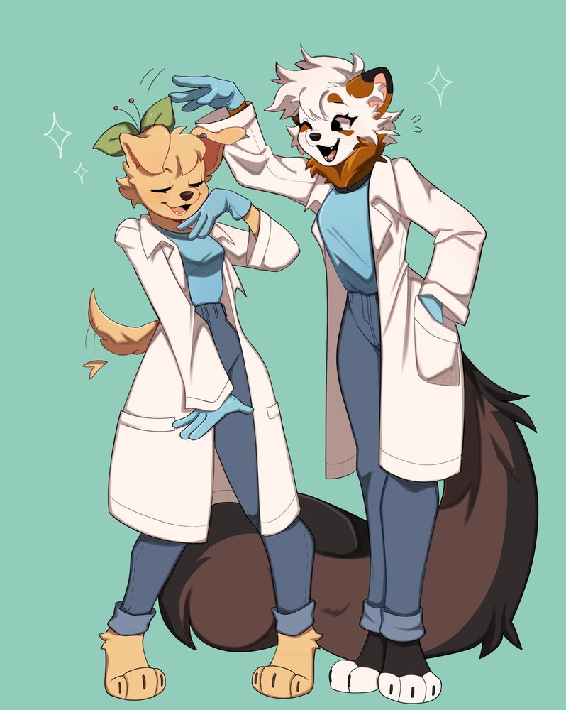 An anthropomorphic Labrador Retriever and Pine Marten standing next to each other in lab coats. 