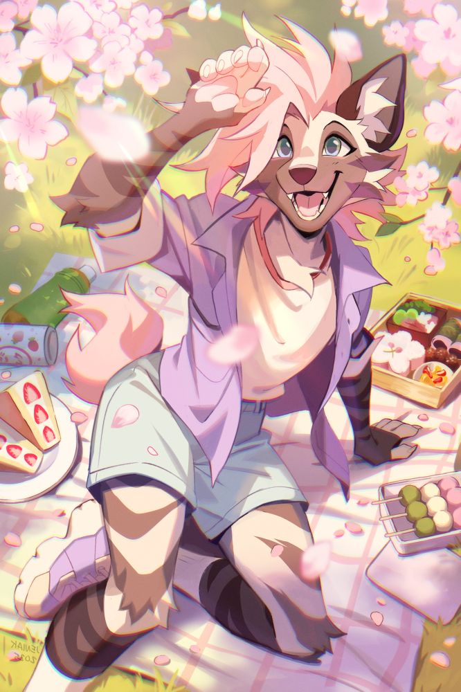 An anthropomorphic striped hyena having a picnic and looking up at the sun. 