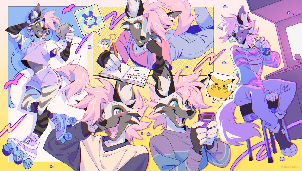 An anthropomorphic striped hyena rollerblading, playing games, and writing.  