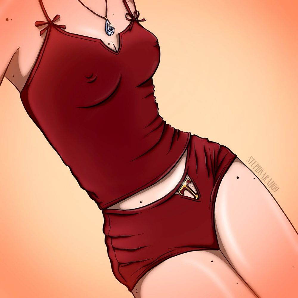 a drawing of viktor wearing a pajama set that is talis red, with the talis symbol on the bottoms. he also wears the acceleration rune on a necklace around his neck.