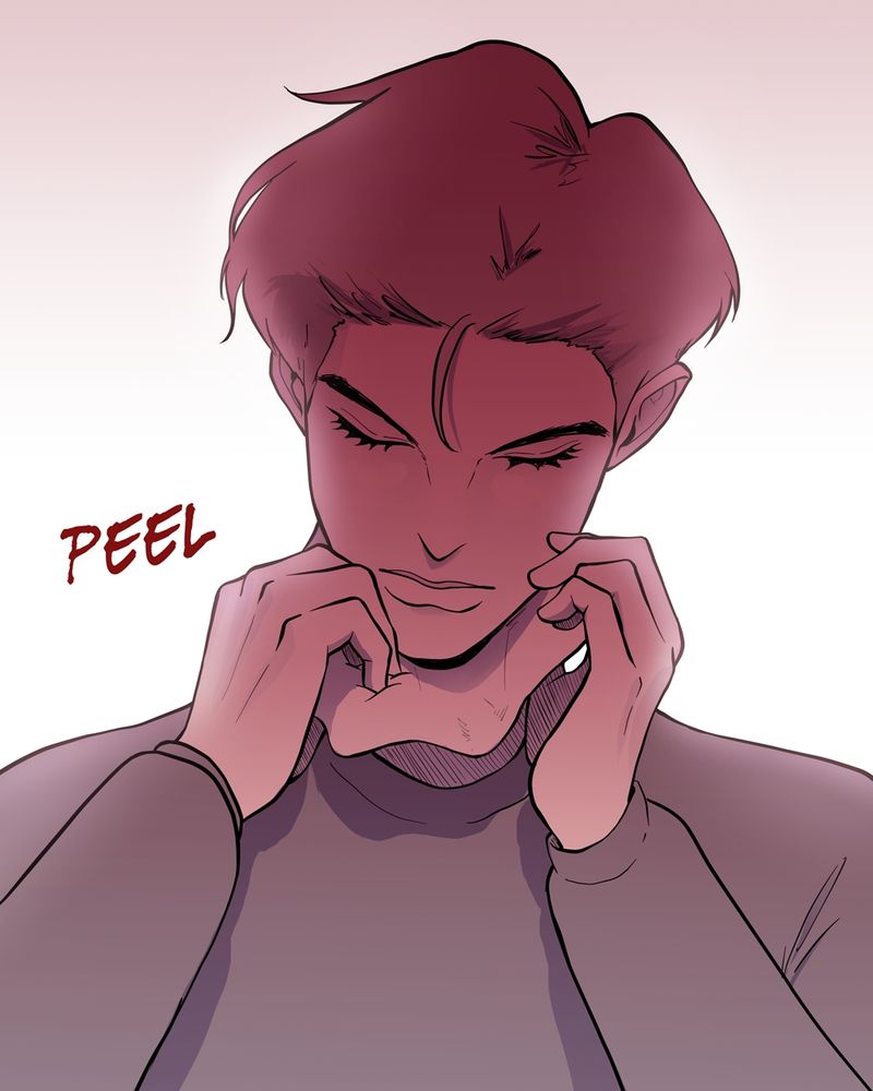 Man peeling off his head from the neck. 