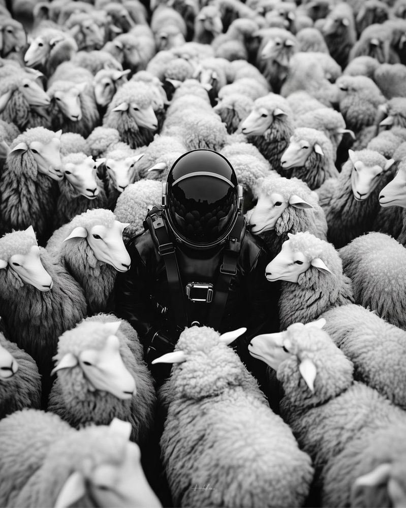 Digital artwork - black and white image of someone in an all black space suit, visor down, standing in a flock of sheep, mostly facing towards the astronaut. The image is by Rob Hakemo | Digital Artist

”Don’t be afraid to stand out in a crowd. It’s the black sheep that always catch the eye.”