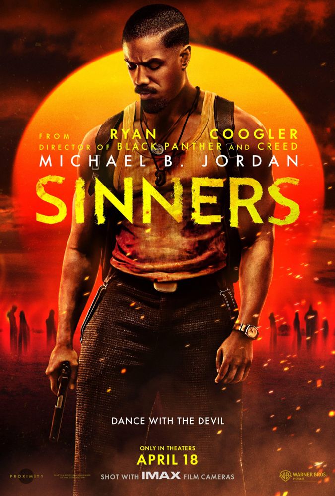 Cover art for Sinners, the 2025 American horror film produced, written, and directed by Ryan Coogler.