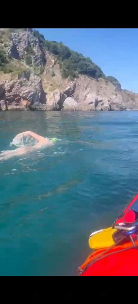 Swimmer in the sea on a sunny day, doing front crawl past a rocky coastline.