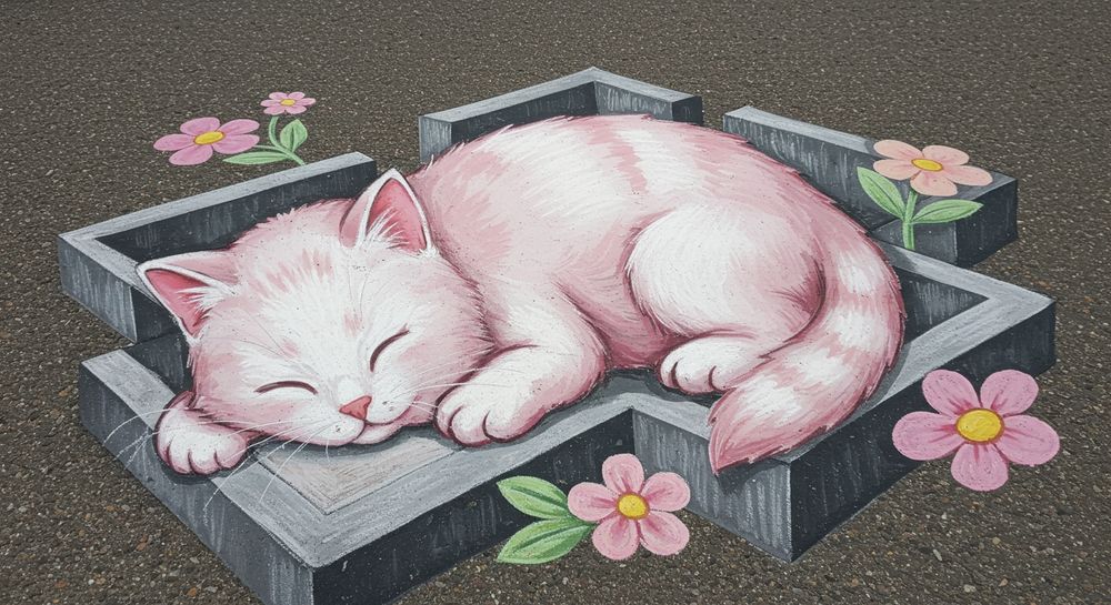 Street artists chalks up another win with an artist made image, of an artist making an image, of a cute kitty sleeping on the street.