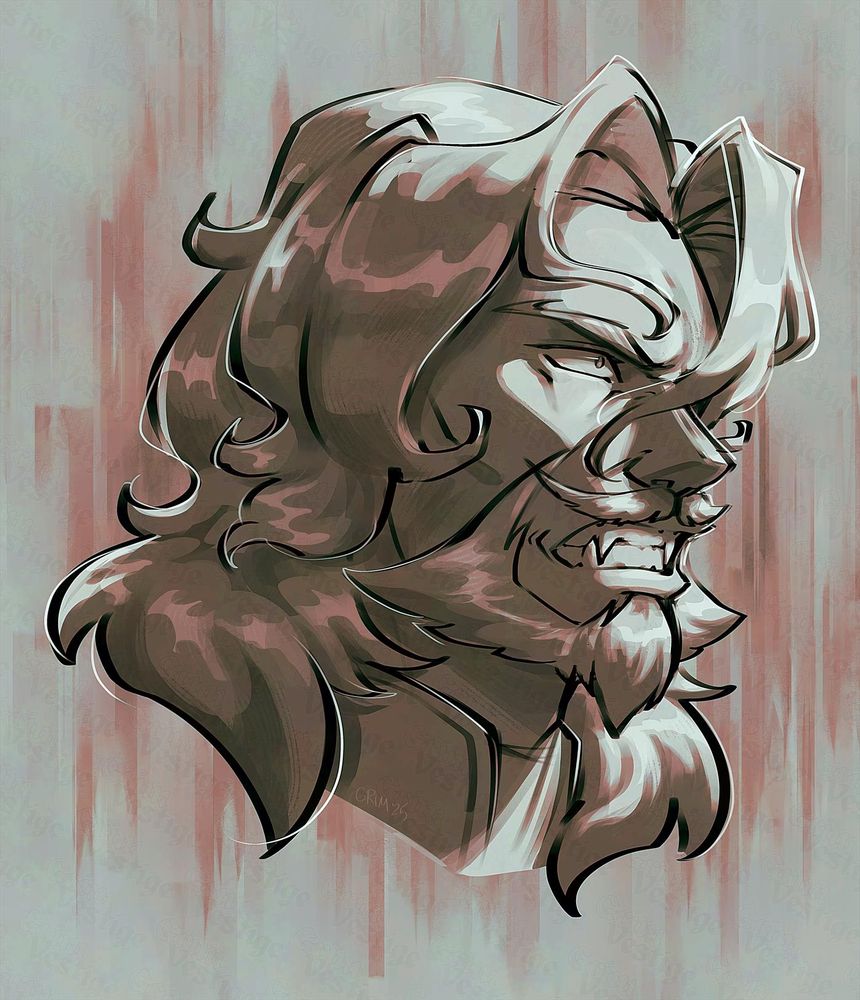 Digital sketch of a bust of an elderly man, who is also a vampire. He has long, wavy hair that frames his face, a triangular beard that frames his face, and a thin english mustache. He looks upward and offscreen to the right with a snarl and eyes wide with fury.