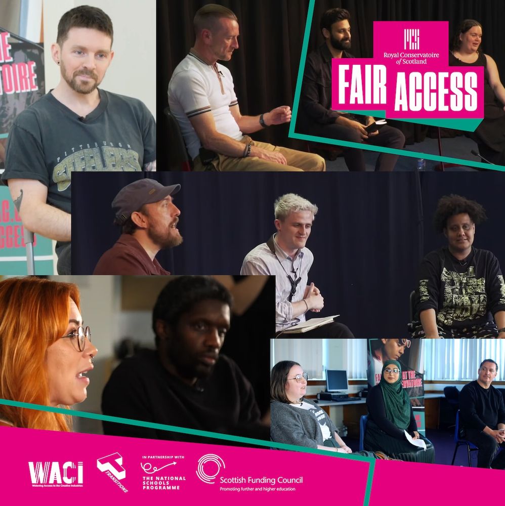 A collage of adults chatting in classroom panels