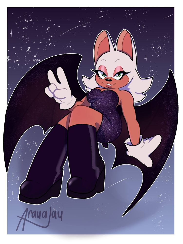 Fanart of Rouge the bat from Sonic, she's I'm a relaxed pose and throwing up a peace sign. Her dress is purple and sparkly ✨️