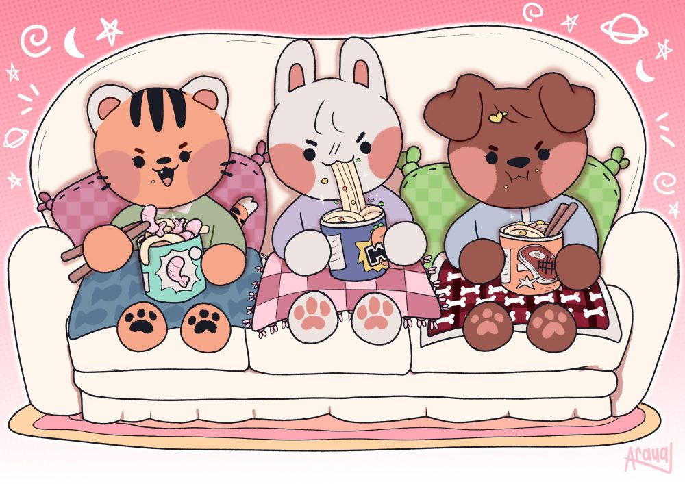 From left to right, a tiger girl eating shrimp noodles, she has a blue blanket with fish patterns. A bunny girl eating vegetable noodles, she has a quilt with two tones of pink. A puppy girl eating beef noodles, she has a red buffalo plaid blanket patterned with white bones.