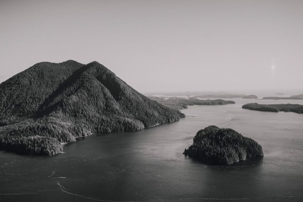 Black and white photo of Lone Cone Island near Tofino 