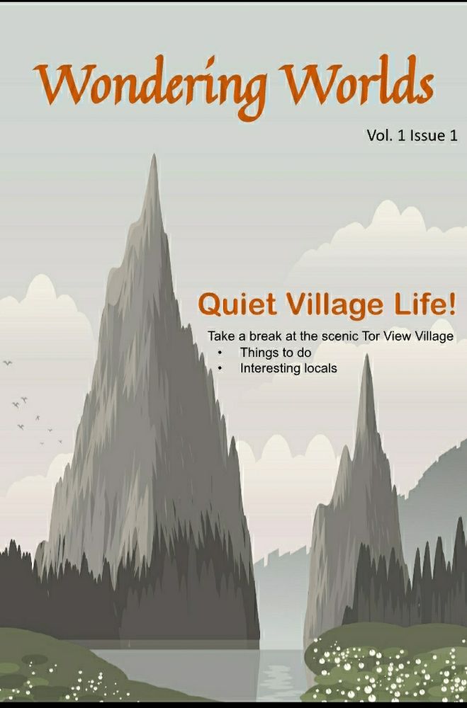 Magazine cover for wandering worlds. A drawing of 2 mountain peaks with a stream between them