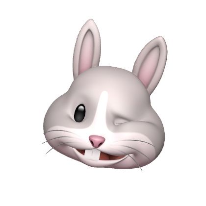Memoji of a grey bunny rabbit winking one eye and grinning 