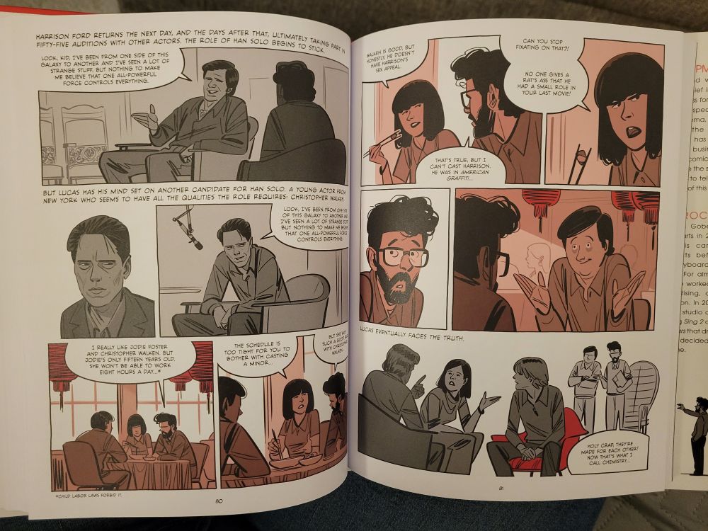 Pages from the book, in which George Lucas wants Christopher Walken for Han Solo and Jodie Foster for Leia (but she's too young), but Marcia Lucas insists Harrison Ford is the right choice for Han Solo.