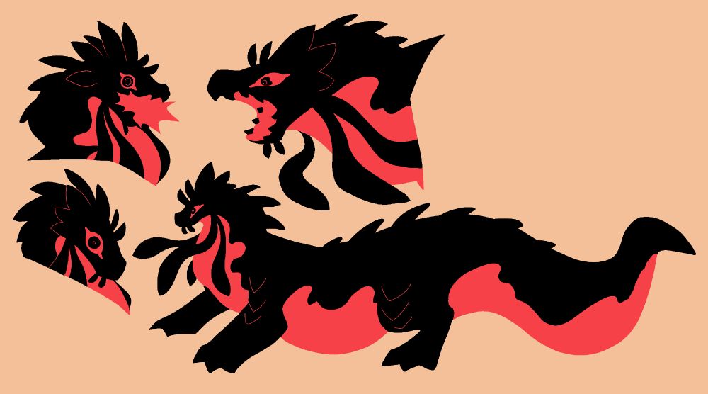 a doodle sheet of kingsley, a solid black and red beast. there is one fullbody and three headshots