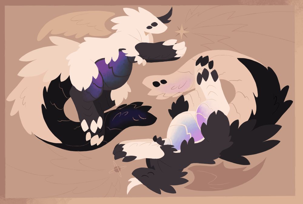 a lineless drawing of lars, a white and black angel creature with its hands held out holding a star. a flipped and upside down version of them with inversed colors is next to them holding a sphere with two rings. the leftmost one has a feathered wing behind their back, while the rightmost one has a webbed wing. their tails vaguely form an infinity symbol. the two are ontop of a tan background