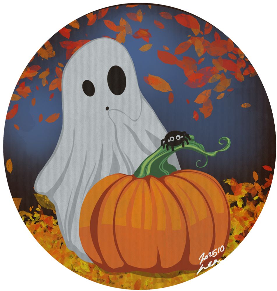 A drawing of a little ghost, pumpkin, and spider, surrounded by autumn leaves. 
