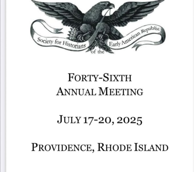 A black and white image of an eagle holding a banner that says "Society for Historians of the Early American Republic"