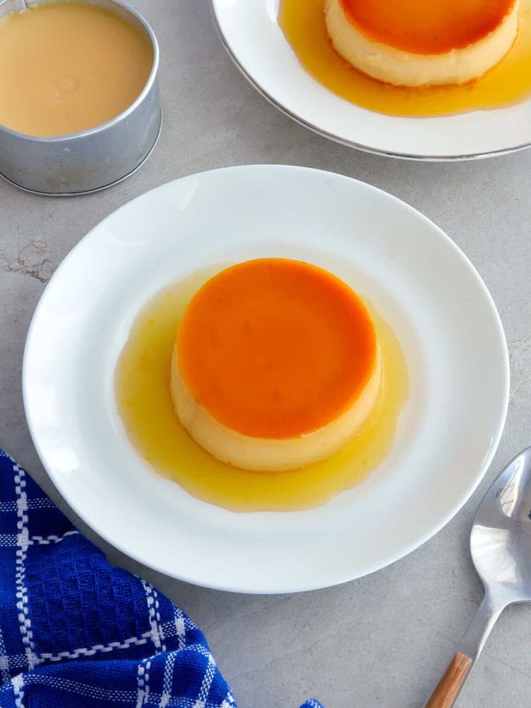 Photo of leche flan made with whole eggs. Flan is a smooth, creamy custard base with caramel topping. NO crust.