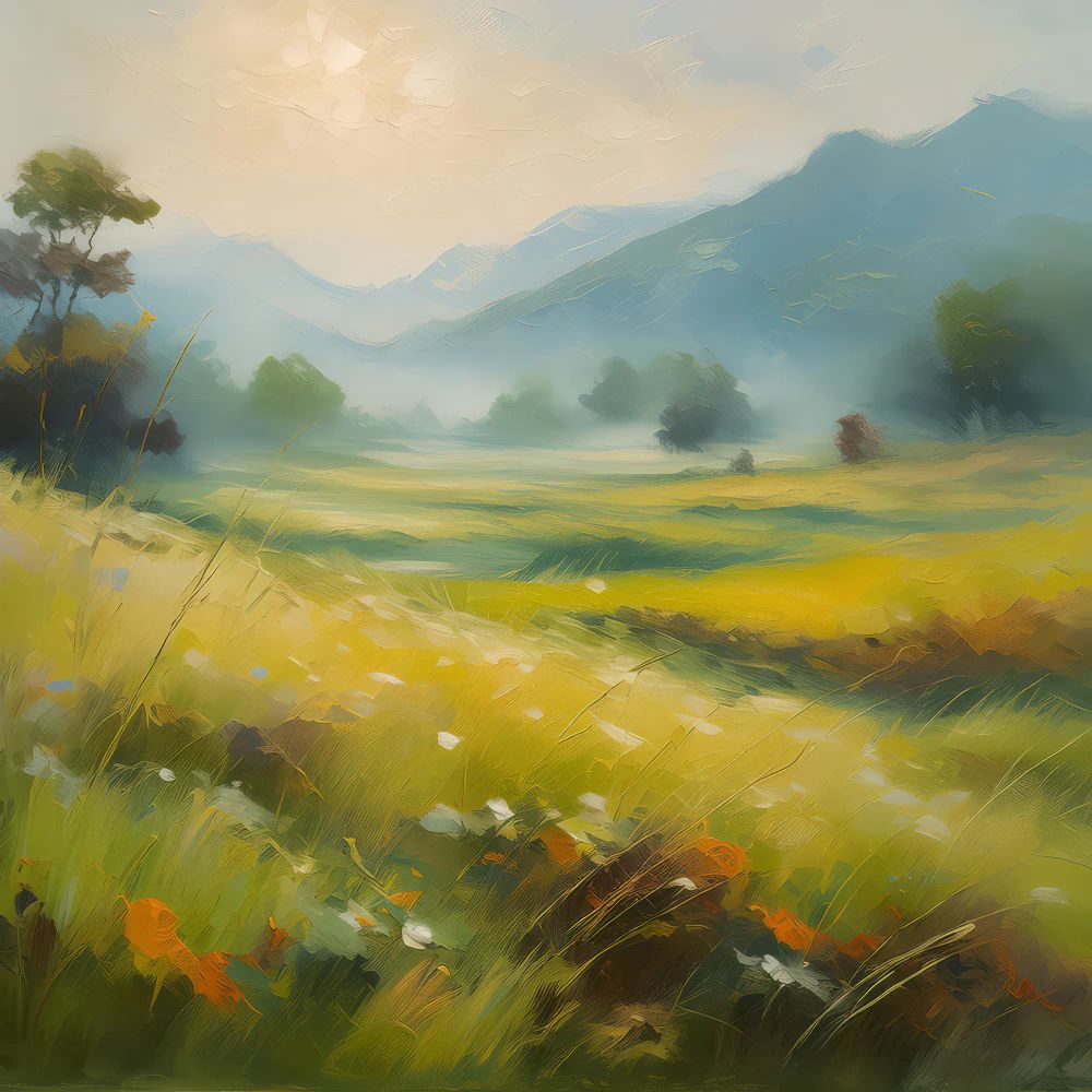 A tranquil grassland shrouded in morning mist, with dew-covered grasses and a soft glow.