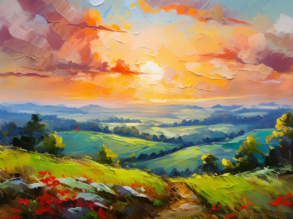 A warm summer sunrise viewed from the top of a green hill, with light clouds in the sky.