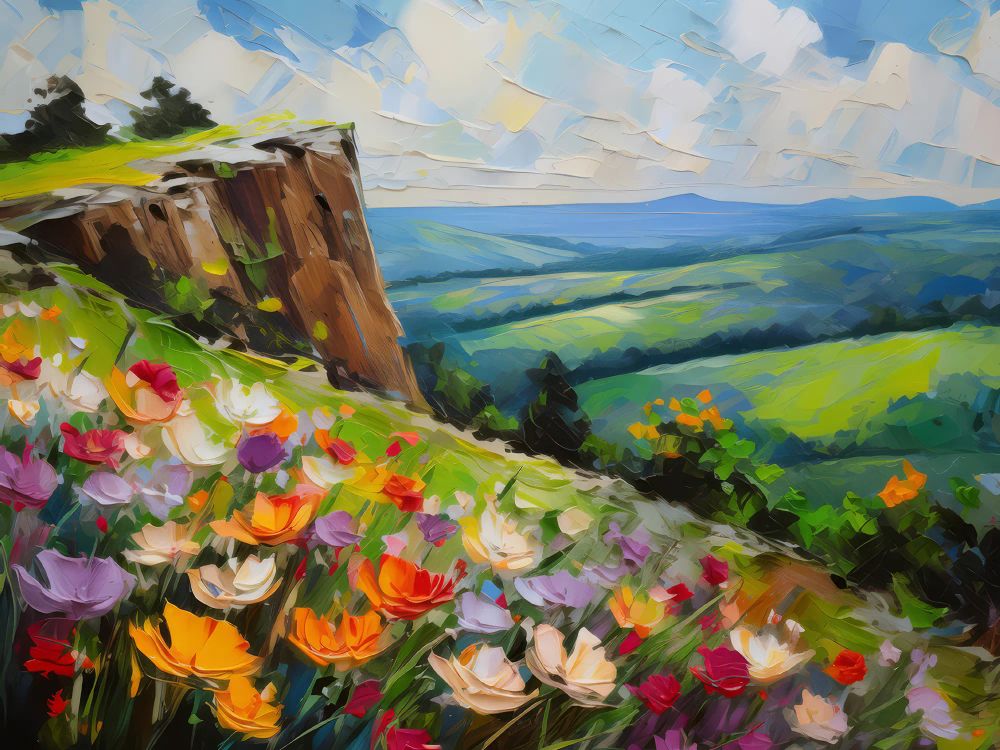 A bluff covered in blooming spring flowers, overlooking a lush green valley.